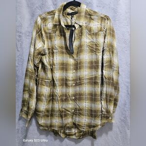 Jane & Delancey Green and White Plaid Grunge button down with pearl snaps Size M